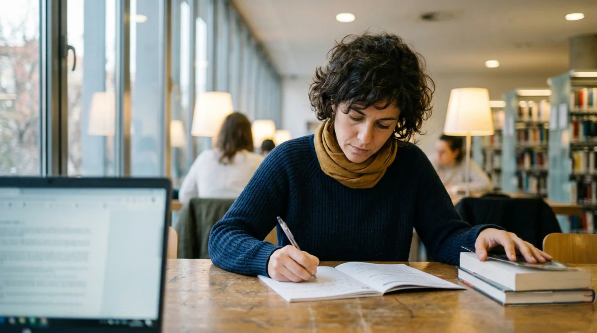 Cómo terminar un curso online si trabajas 4 Mujer practicando una actividad de un curso online en una biblioteca