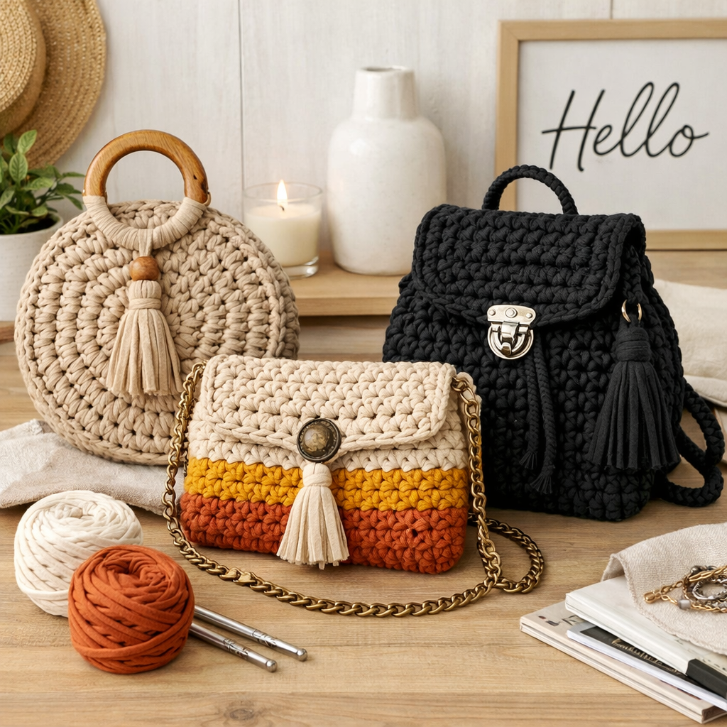 ​"Tres diseños de bolsos artesanales y materiales de tejido del Curso de Bolsos en Trapillo: Aprende a Crear Bolsos Únicos desde Casa con Brenda Villamizar en 2026"