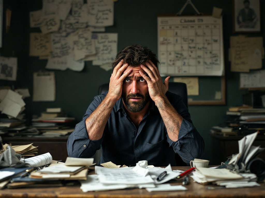 "Una persona estresada, rodeada de desorden y caos, contrasta con la misma persona practicando yoga y meditación, encontrando paz y equilibrio emocional."