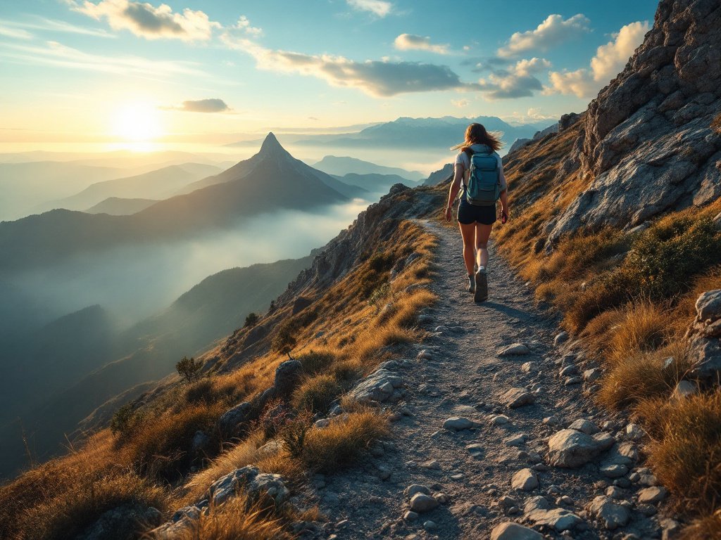 Las mejores 50 frases para automotivarse y las 5 canciones mas motivadoras de Youtube 1 Esta imagen representa el viaje hacia el éxito personal y profesional, destacando la importancia de la motivación, la pasión y la perseverancia. La persona escalando la montaña simboliza el esfuerzo constante y la superación de desafíos, mientras que el amanecer en el fondo representa la esperanza y los nuevos comienzos. Este visual inspira a los espectadores a seguir adelante, confiar en su intuición y trabajar duro para alcanzar sus metas. estas frases para automotivarte te ayudaran a encontrar la paz interior como esta persona.