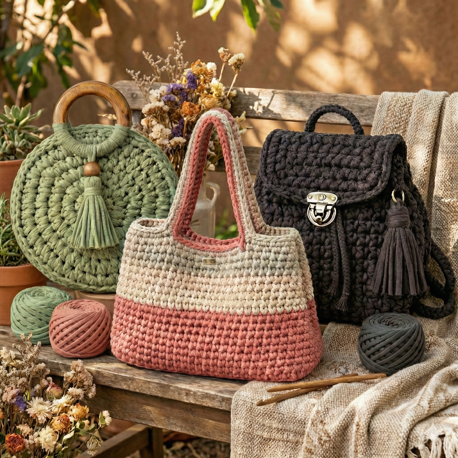 Muestra de tres bolsos de crochet en trapillo estilo bohemio: un bolso redondo verde salvia, un tote a rayas rosa y crema, y una mochila gris carbón, ubicados en un banco de jardín rústico con materiales de tejido. Imagen del Curso de Bolsos en Trapillo con Brenda Villamizar 2026.