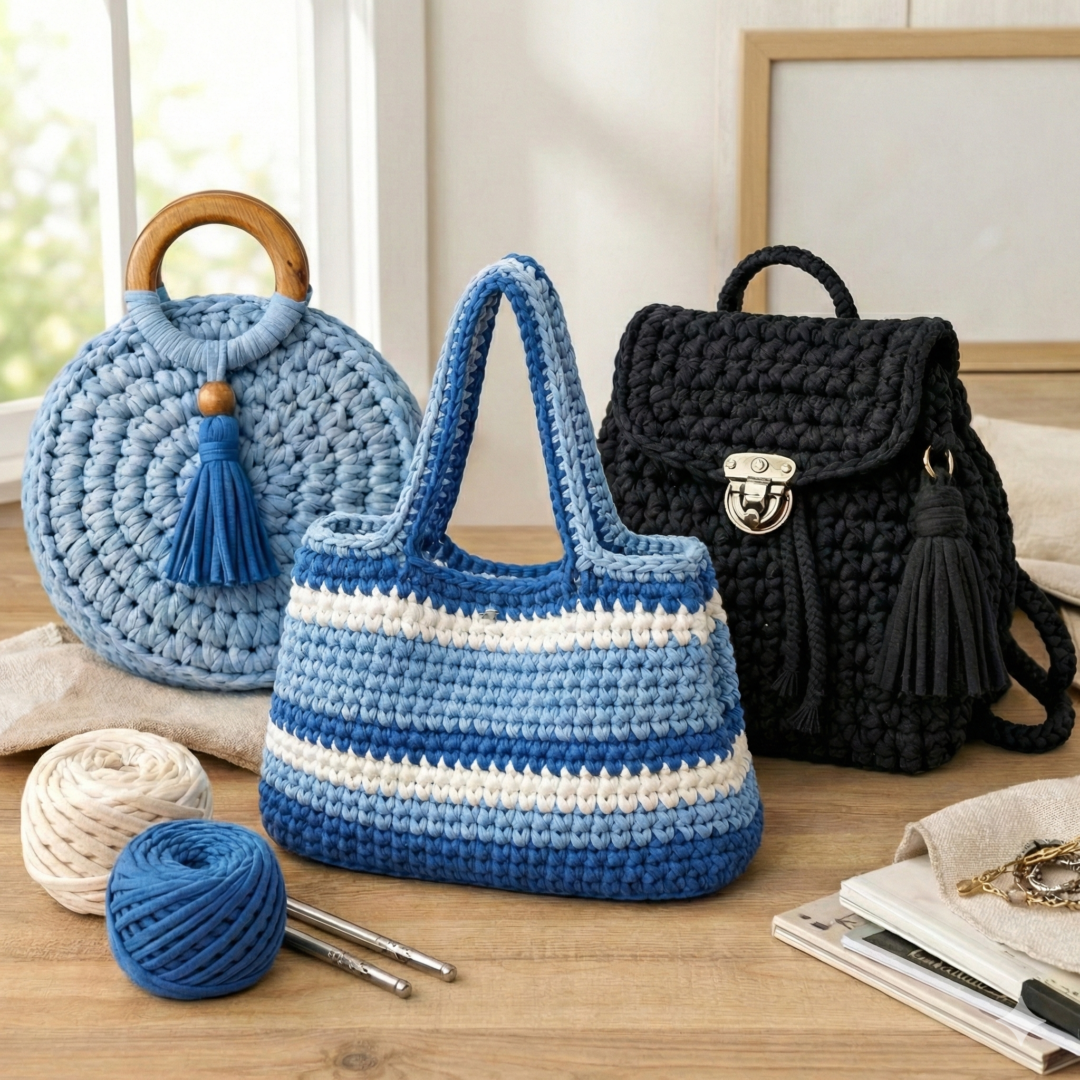 Tres modelos de bolsos tejidos en trapillo en tonos azules y negro con materiales de crochet. Imagen del Curso de Bolsos en Trapillo: Aprende a Crear Bolsos Únicos desde Casa con Brenda Villamizar en 2026.