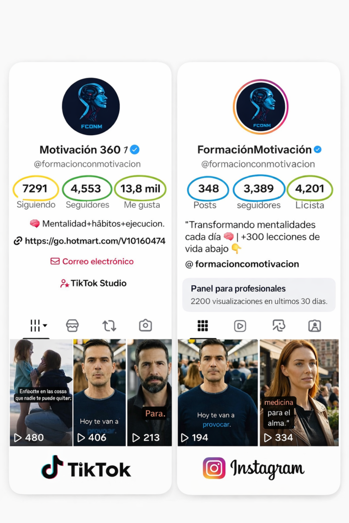 Comparativa de perfiles de TikTok e Instagram (@formacionconmotivacion) con métricas destacadas: seguidores, siguiendo/me gusta y publicaciones.