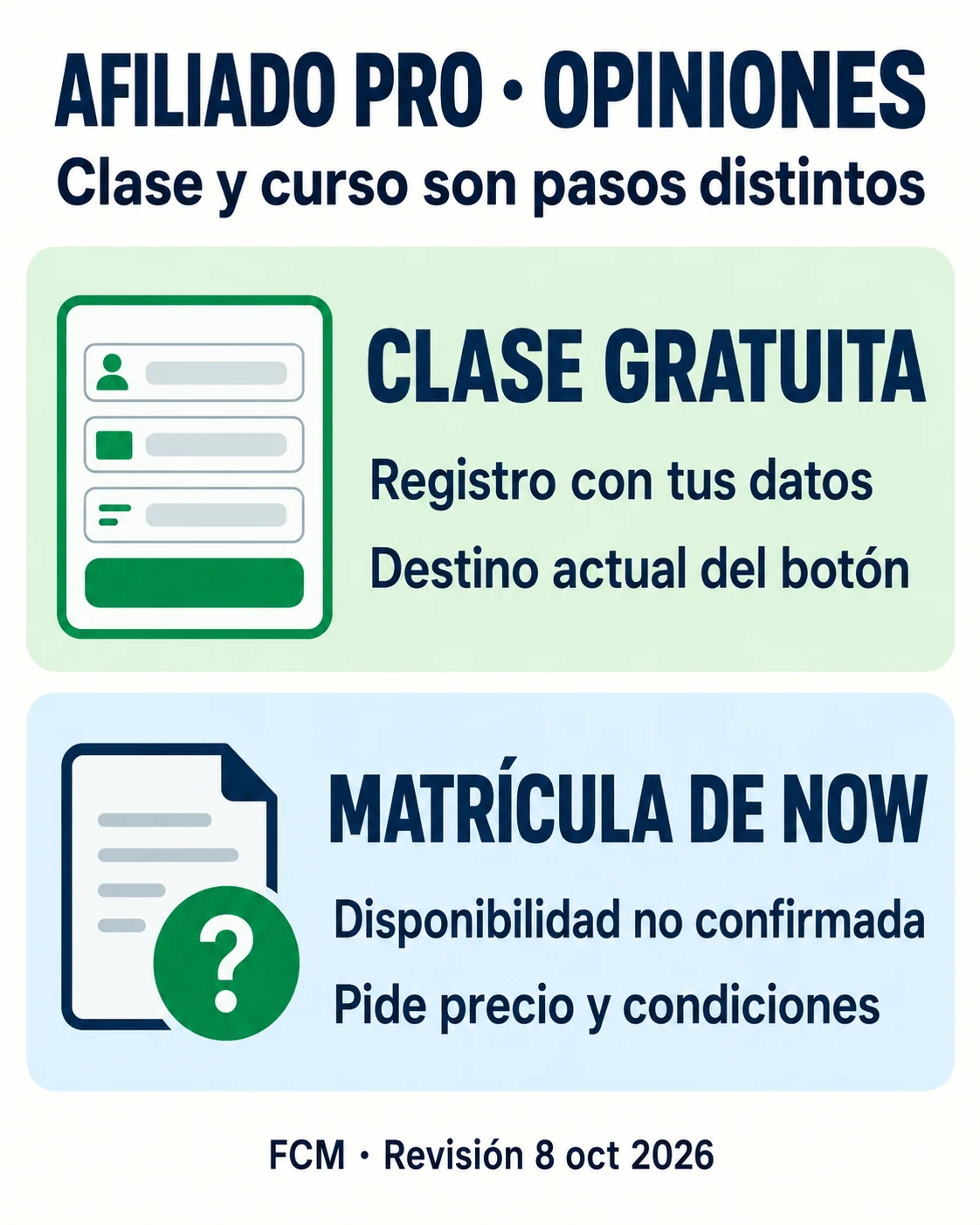 Afiliado PRO opiniones 2026: ruta PRO NOW de Javier Elices 3 Afiliado PRO opiniones: esquema que distingue la clase gratuita con registro de la matrícula de NOW no confirmada.