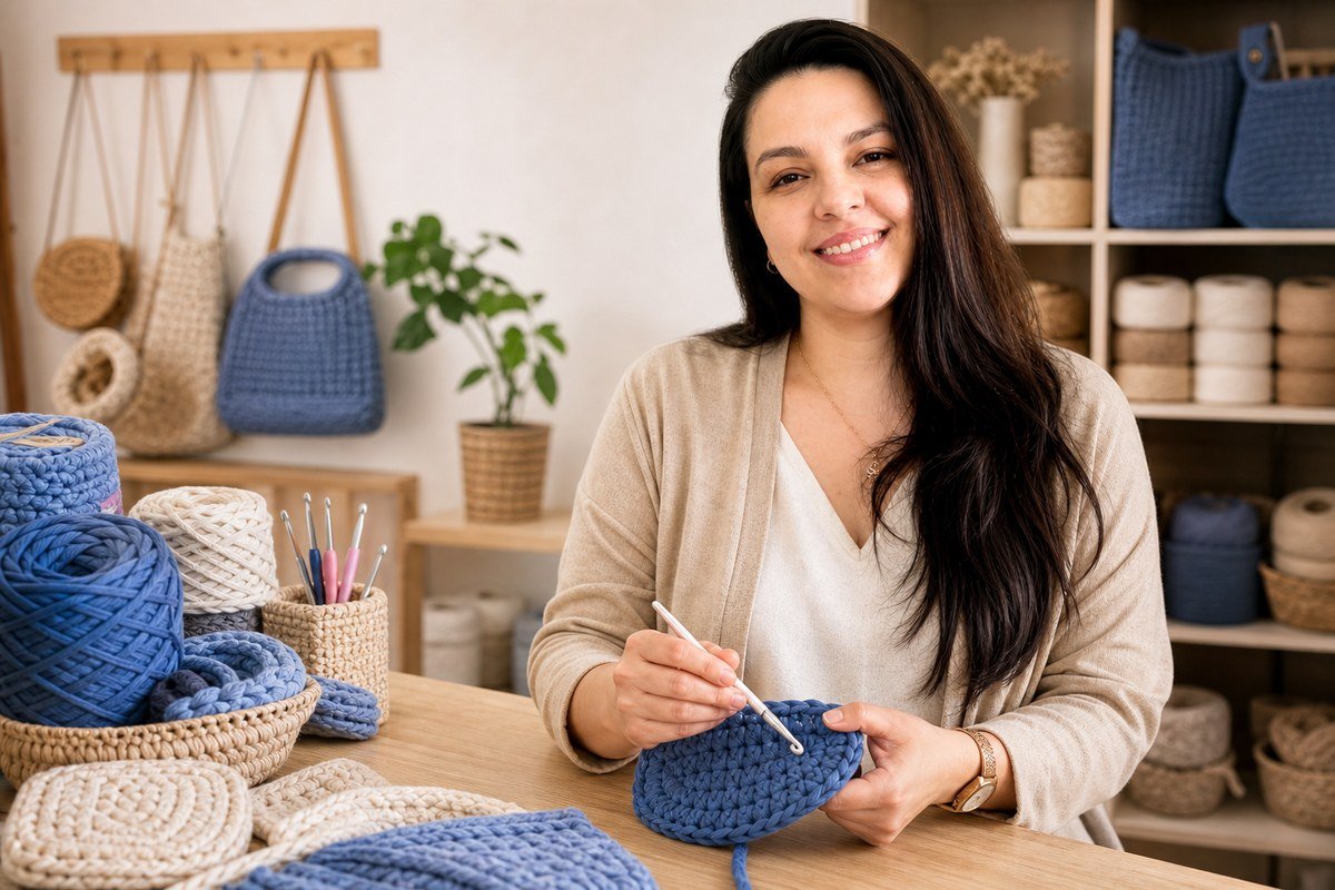 Curso de bolsos en trapillo premium: aprende desde cero paso a paso 6 Ana María, mentora del programa, en un estudio con materiales de crochet