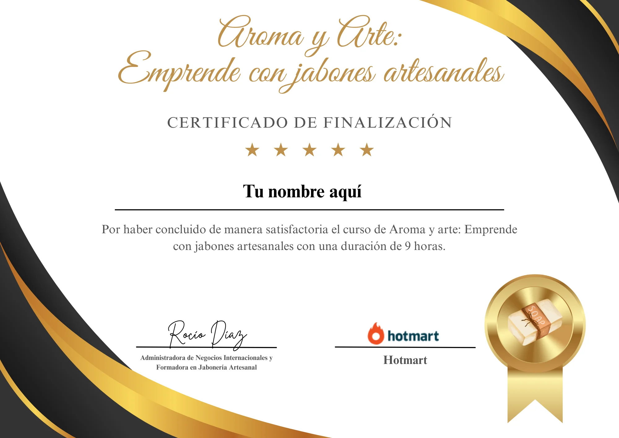 Modelo de certificado de finalización del curso Aroma y Arte, sin nombre de alumno