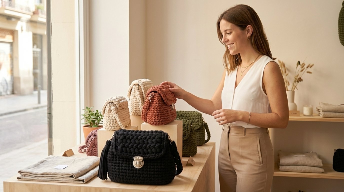 Mujer mostrando un bolso de trapillo negro en un escaparate con otros modelos expuestos