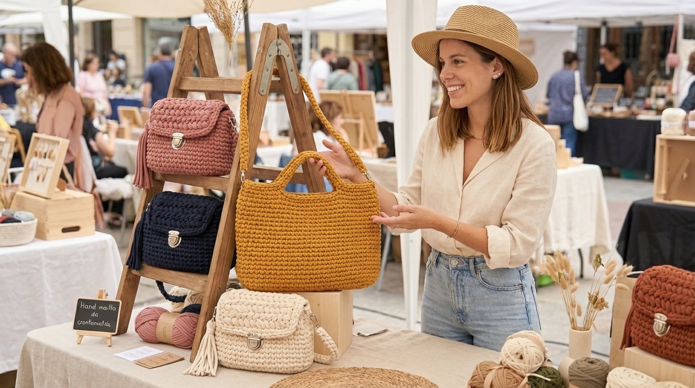 Expositor artesanal con bolsos de trapillo terminados y mujer mostrándolos en un mercado