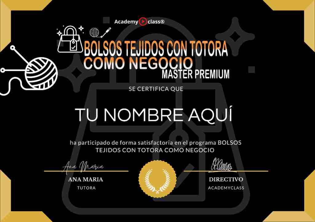 Curso de bolsos en trapillo premium: aprende desde cero paso a paso 10 Certificado mostrado en la página de venta del curso de bolsos tejidos con trapillo y totora