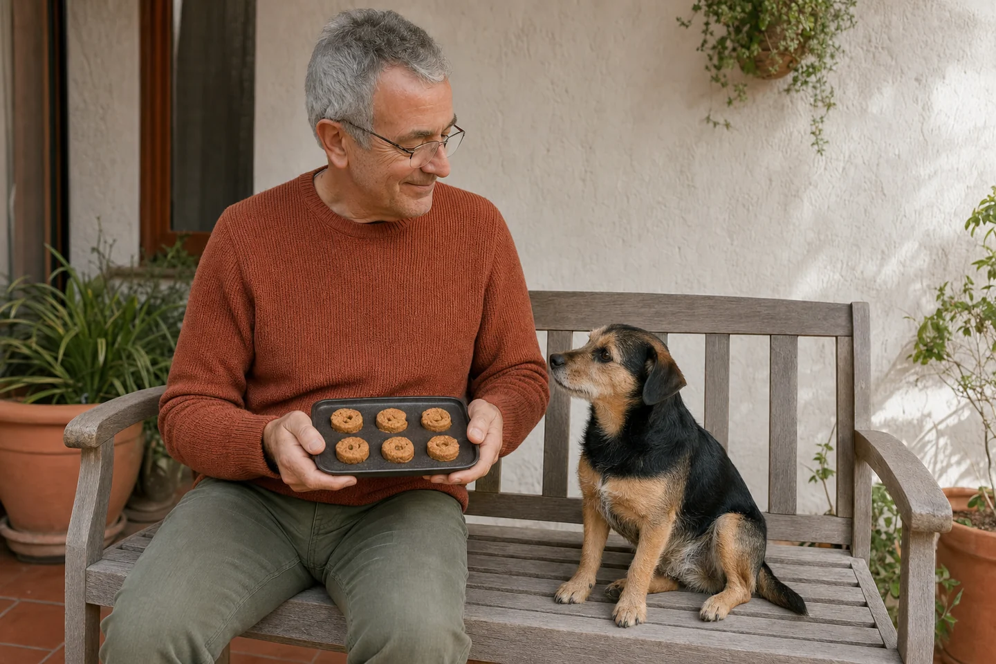 Hombre mayor mostrando una pequeña tanda de premios terminados junto a su perro