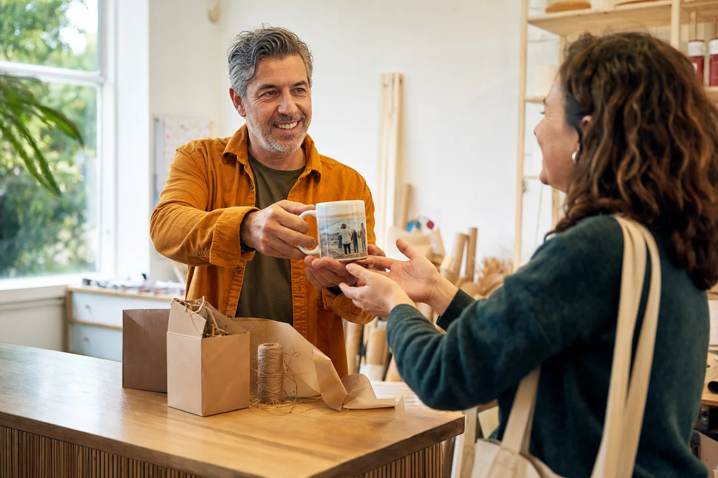 Persona entregando una taza personalizada terminada