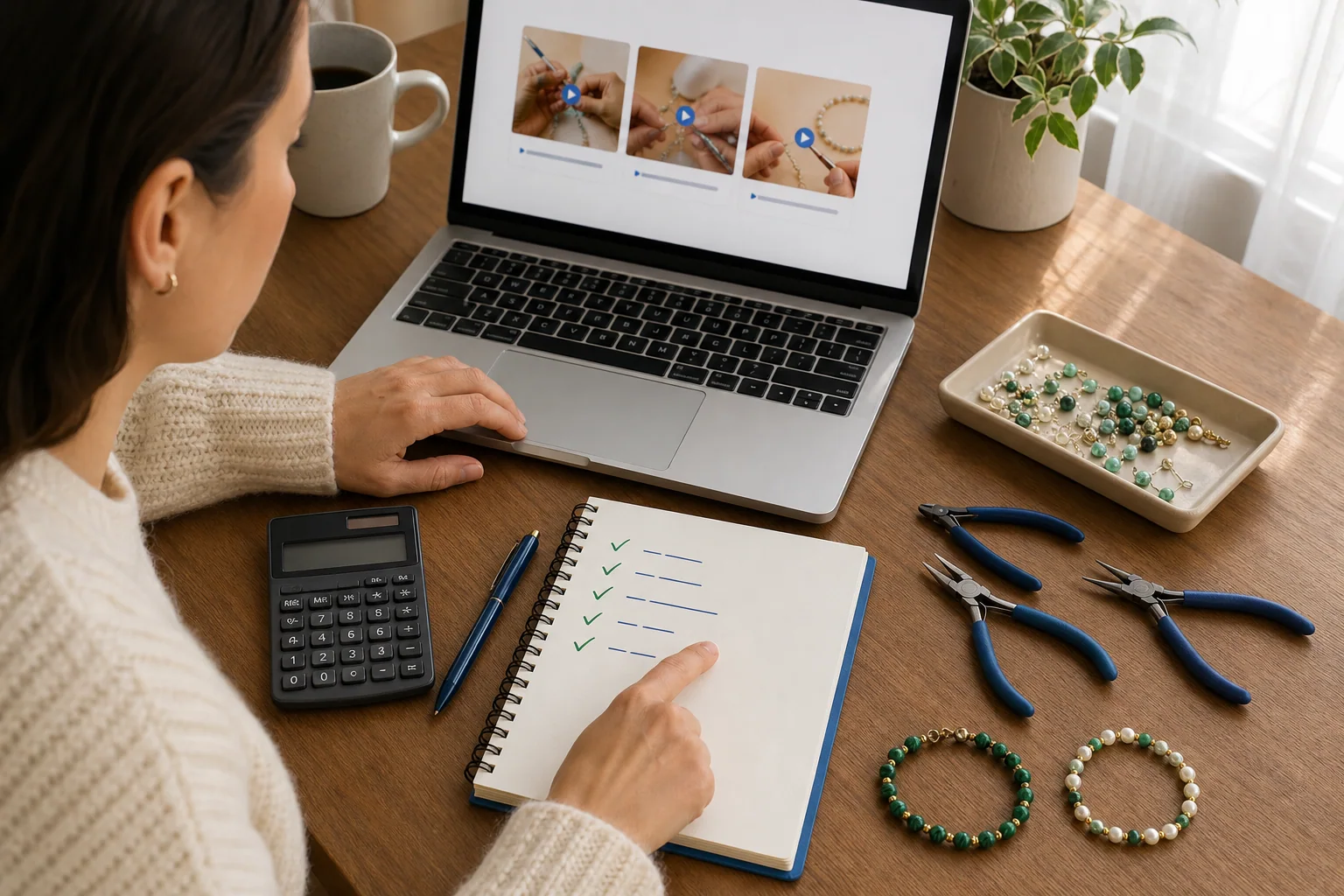 Persona comparando cursos de bisutería con portátil, checklist, calculadora y herramientas