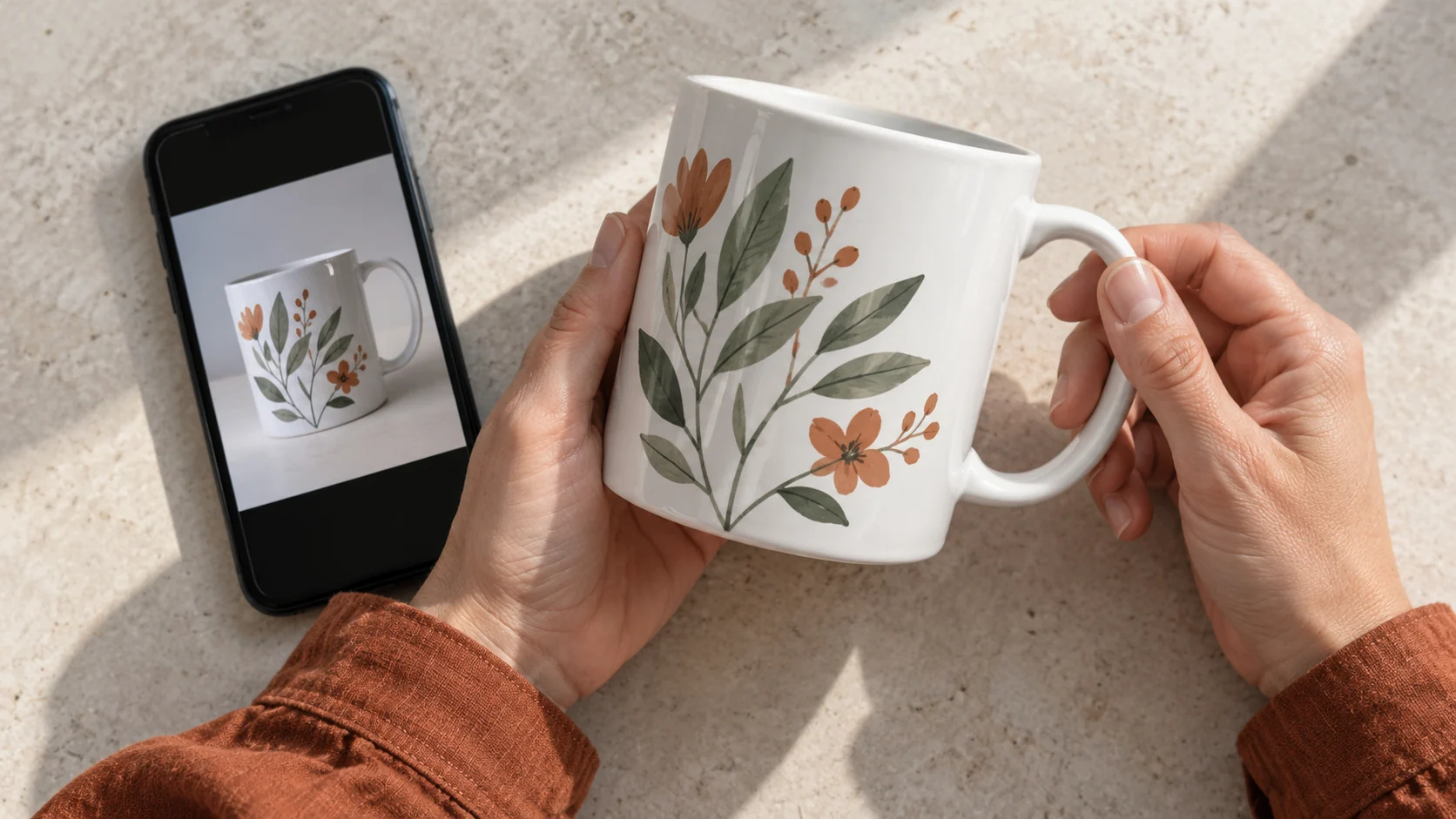 Manos revisando una taza con diseño botánico junto a una fotografía de la muestra en un móvil