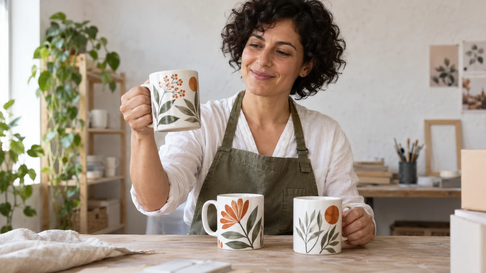 Mujer mostrando tazas personalizadas en la guía sobre cómo conseguir clientes para sublimación