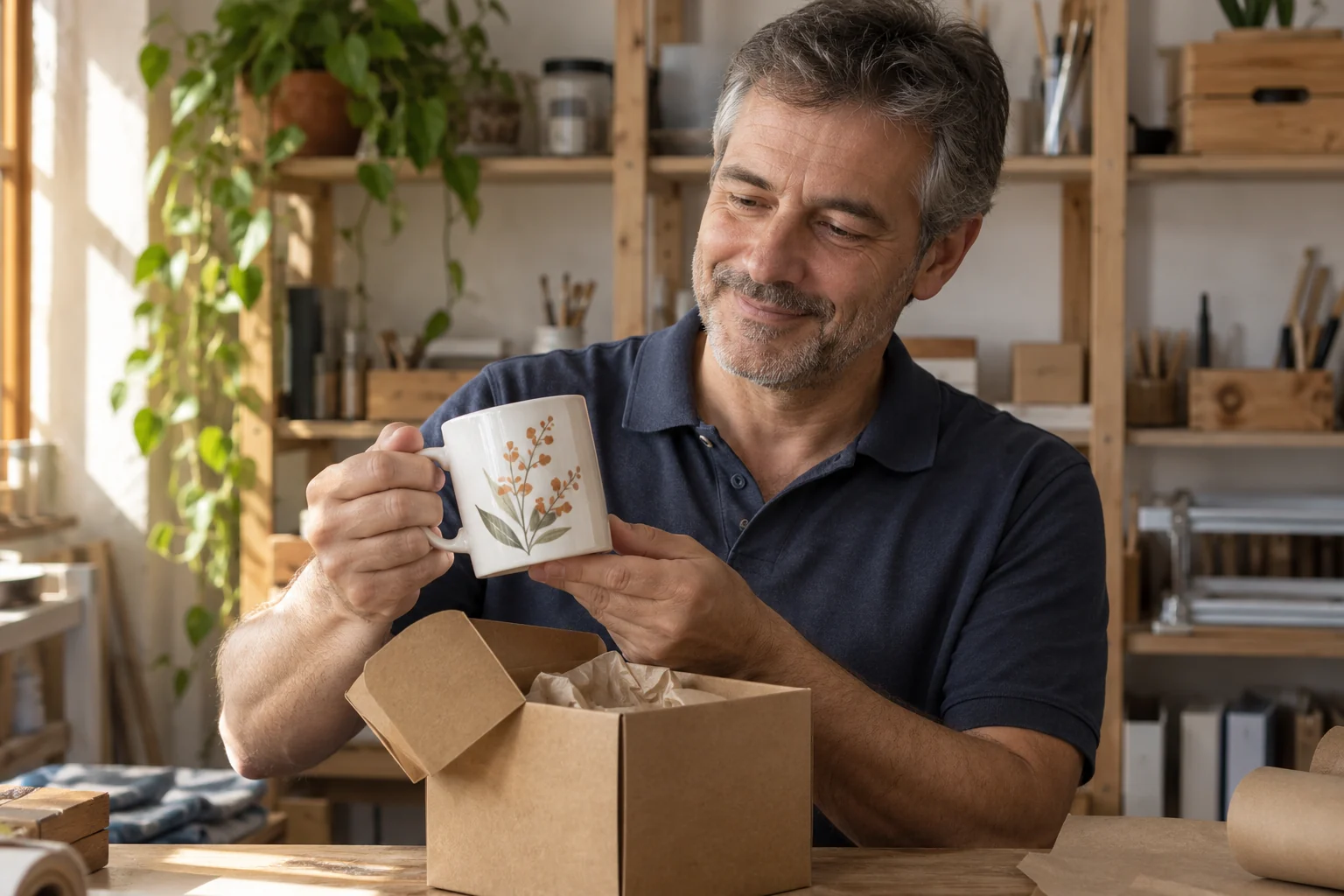 Hombre revisando una taza personalizada junto a su caja de protección antes de presentarla