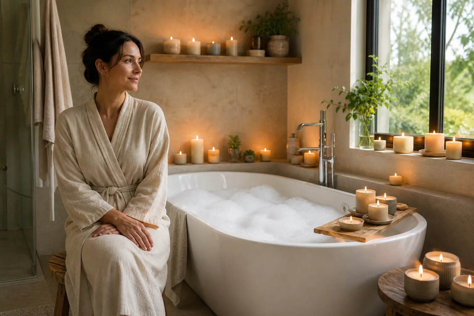 Mujer con albornoz junto a una bañera con espuma y velas artesanales en un baño luminoso