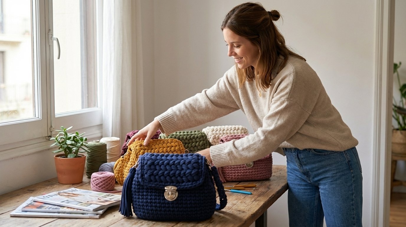 Mujer organizando bolsos de trapillo terminados sobre una mesa en casa