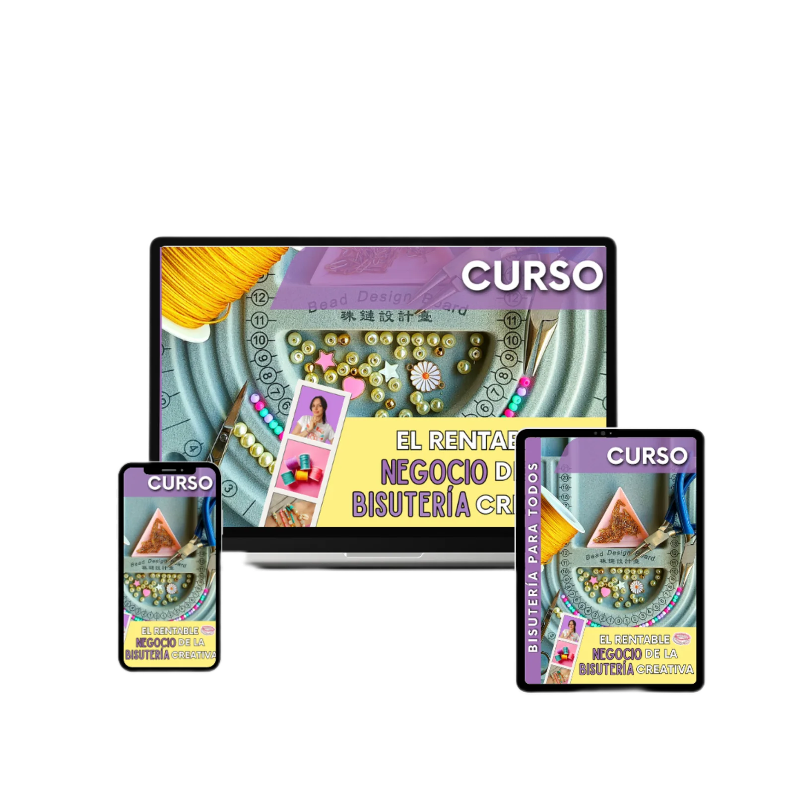 Mockup oficial del curso El Rentable Negocio de la Bisutería Creativa