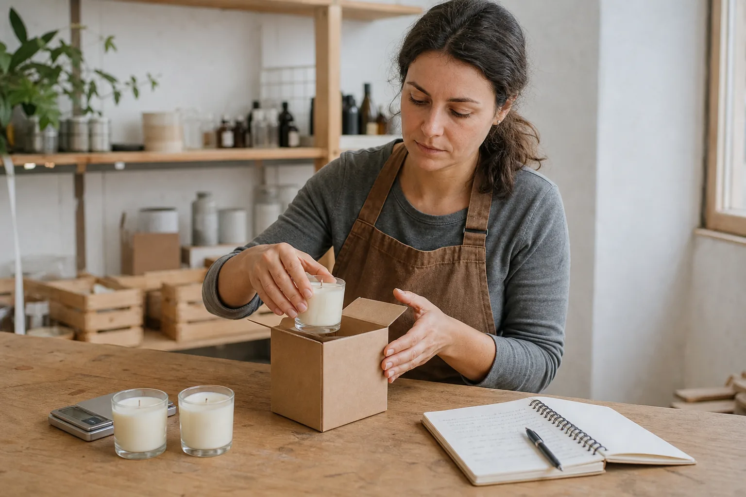 Artesana prepara un pequeño primer lote de velas junto a una libreta y una báscula