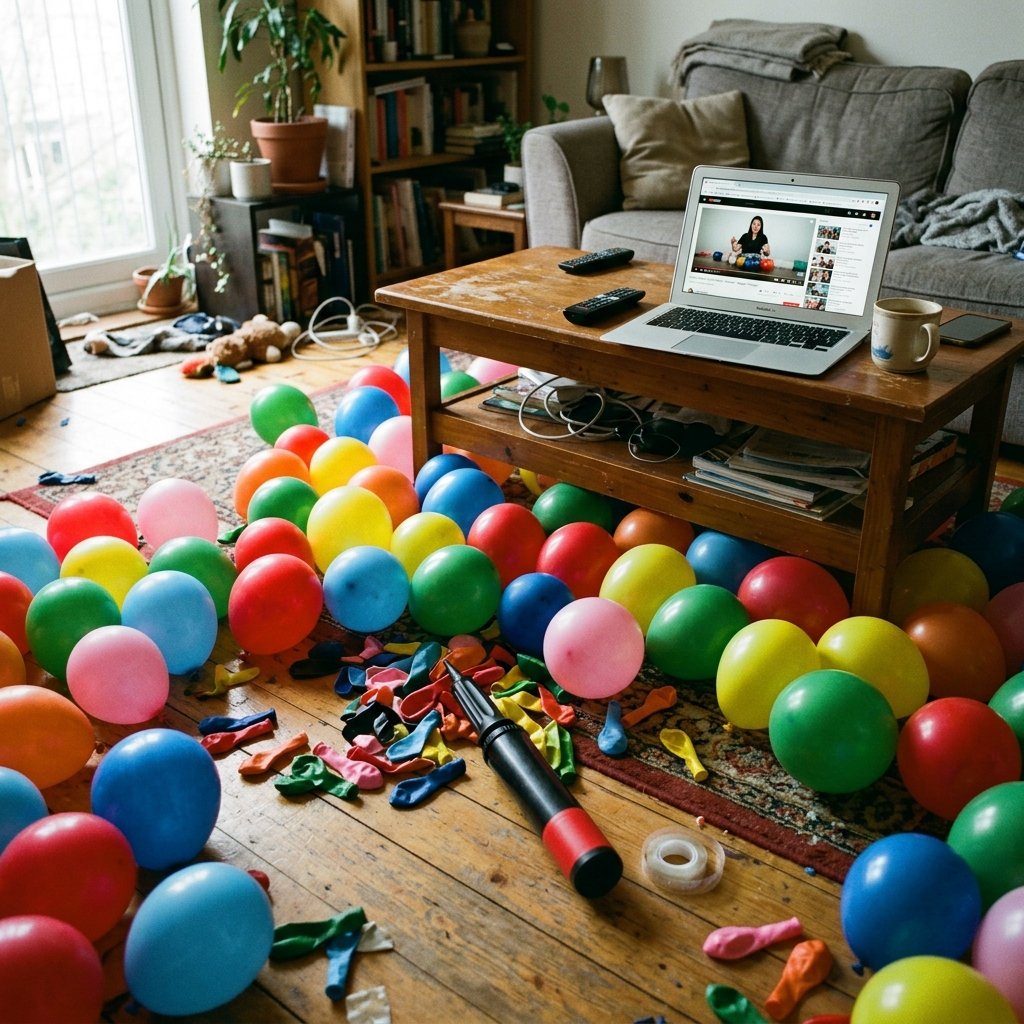 Decoraglobo opiniones 2026: qué incluye y para quién encaja 4 Salón de casa lleno de globos y un portátil viendo el curso Decoraglobo