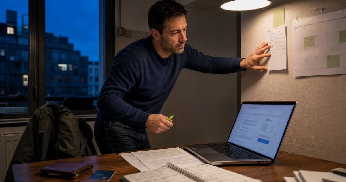 Hombre que pausa la compra de un curso online para anotar preguntas y revisar su tiempo disponible