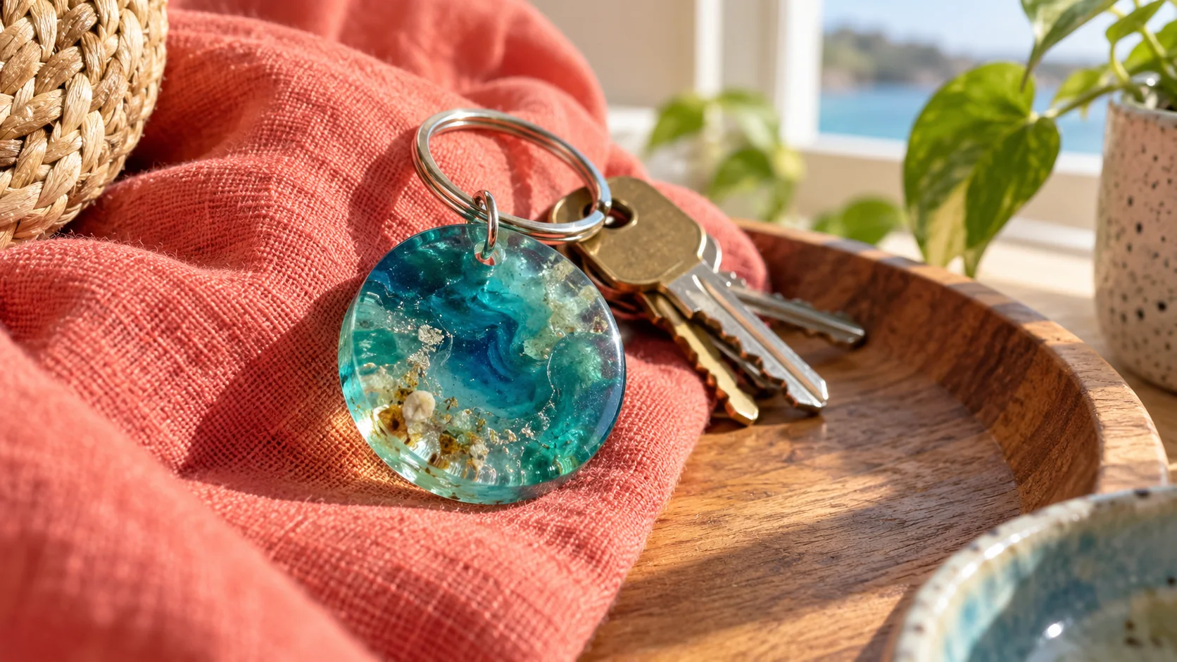 Llavero de resina azul verdosa curada unido a unas llaves sobre tela coral