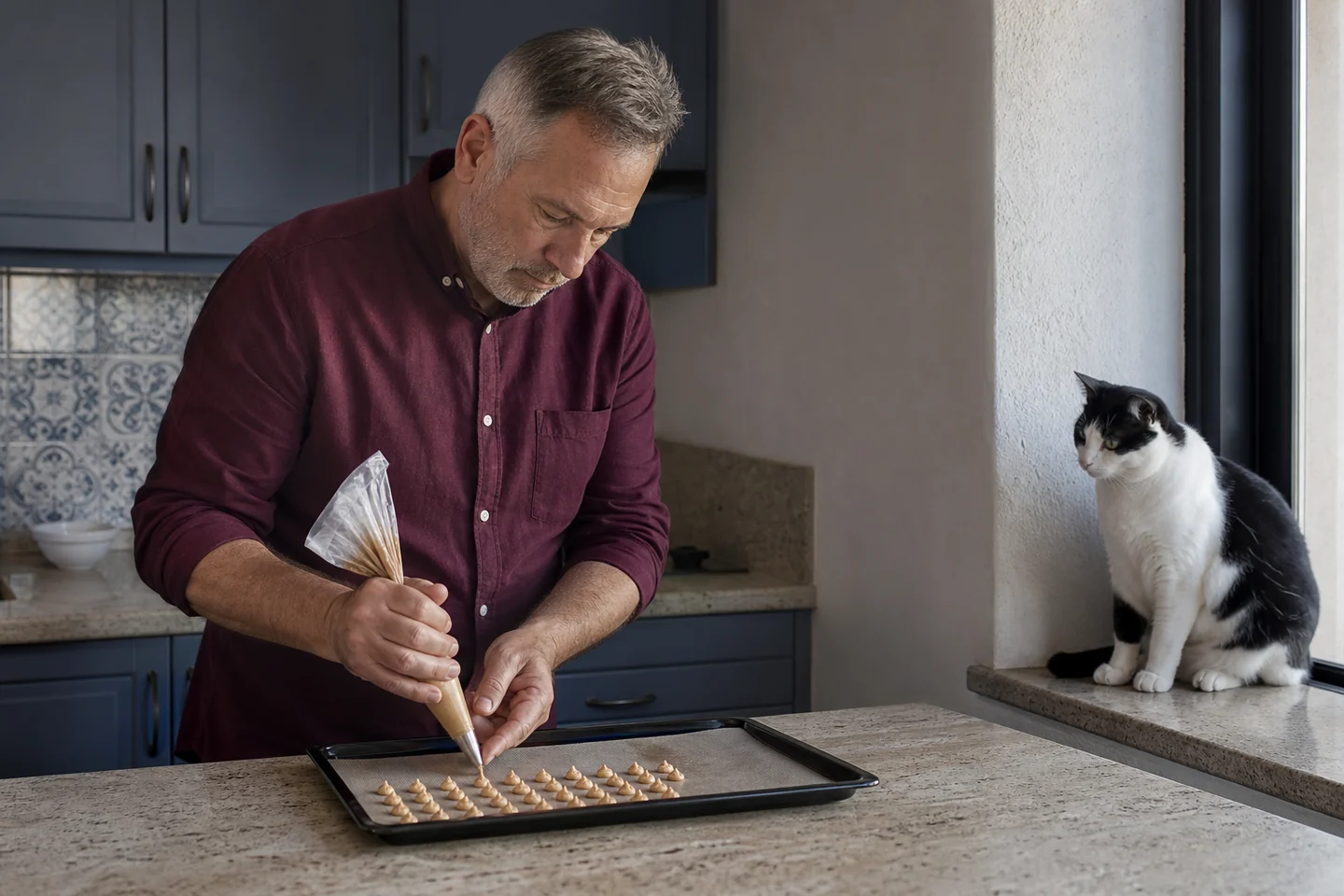 Hombre preparando pequeñas porciones con manga pastelera mientras un gato observa desde una ventana