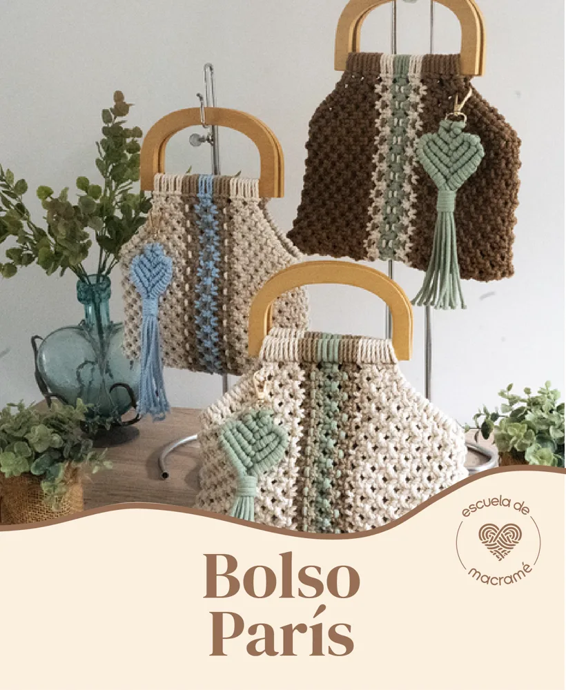 Escuela de Macramé by Equilibrio: opiniones antes de comprar 5 Tres versiones del Bolso París de macramé, con diferentes colores y acabados, mostradas en el material oficial.