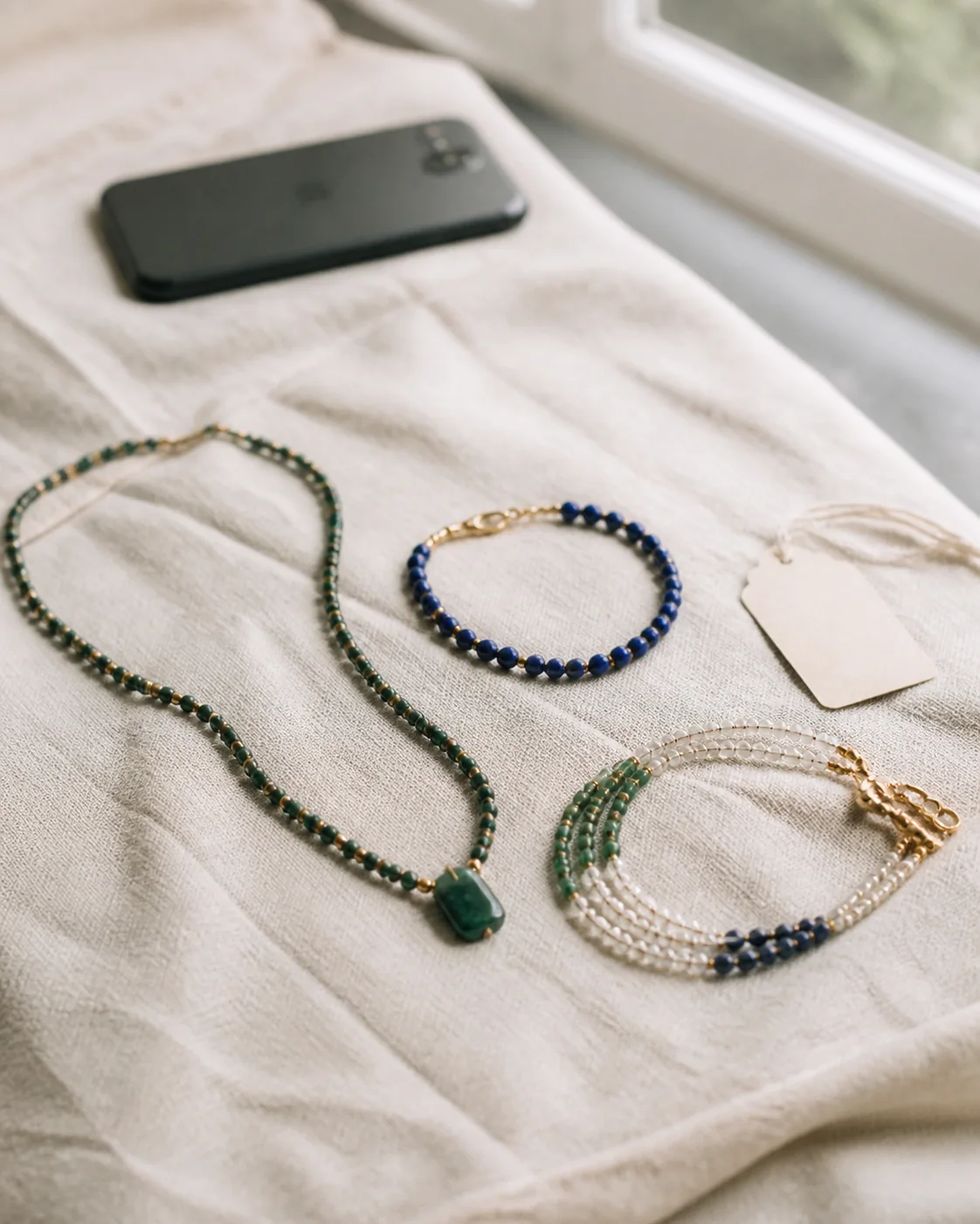 Bisutería artesanal en pedrería: opiniones y análisis 5 Bisutería artesanal en pedrería opiniones: colección de collares y pulseras de cuentas sobre tela clara junto a un teléfono