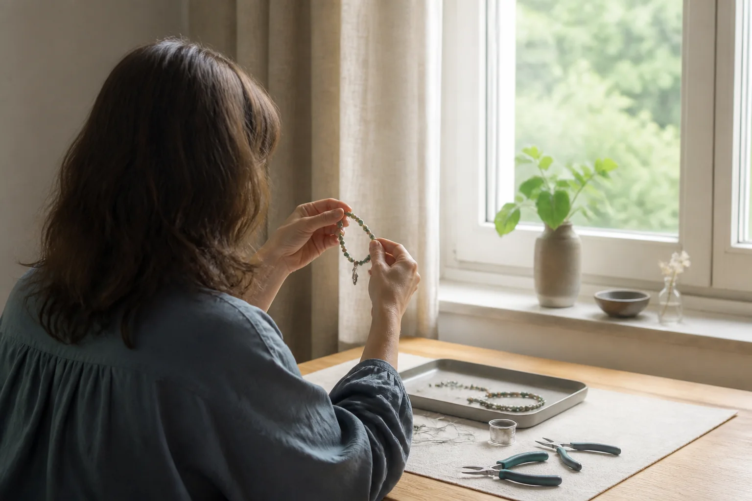 Bisutería artesanal en pedrería: opiniones y análisis 6 Persona revisando una pulsera de cuentas en una mesa de trabajo junto a una ventana