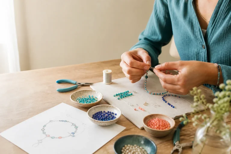 Manos preparando una pulsera de cuentas en una mesa de trabajo de bisutería