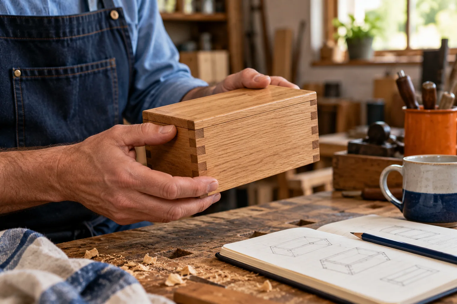 Una persona examina una pequeña caja de madera y sus uniones en un taller de aprendizaje.