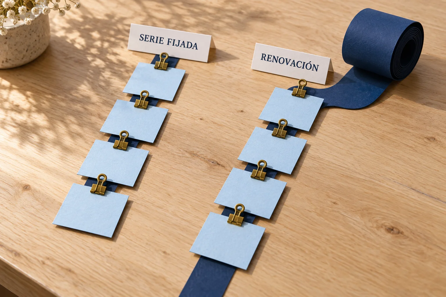 Dos tiras de papel comparan una serie de pagos con final y otra que continúa como renovación.
