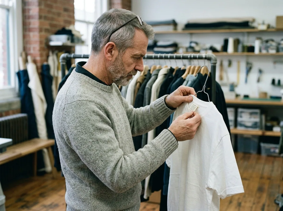 Sublimación con colores apagados: causas y soluciones 4 Hombre revisando la etiqueta de una camiseta blanca antes de elegir el material.