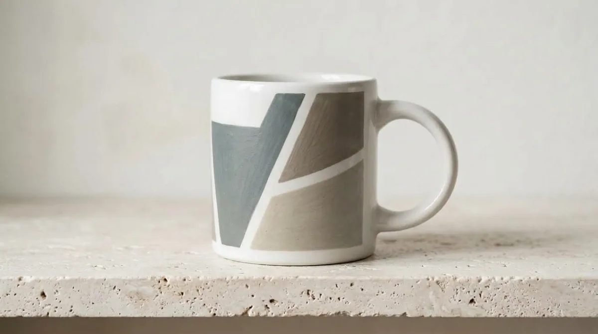 Sublimación con colores apagados: causas y soluciones 5 Taza blanca con un dibujo geométrico de tonos suaves sobre una repisa de piedra clara.