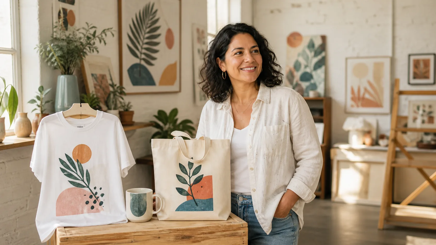Diseñadora sonriente junto a una camiseta, una taza y una bolsa con estampados diferentes en un estudio luminoso