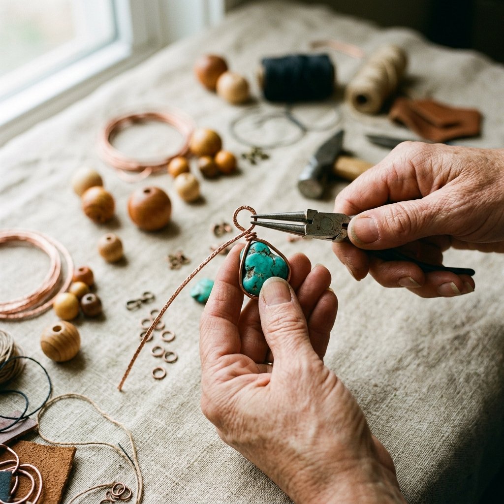 Vender bisutería desde casa: 7 pasos y errores clave 9 Manos de una artesana doblando alambre de cobre con alicates para montar una piedra semipreciosa de turquesa