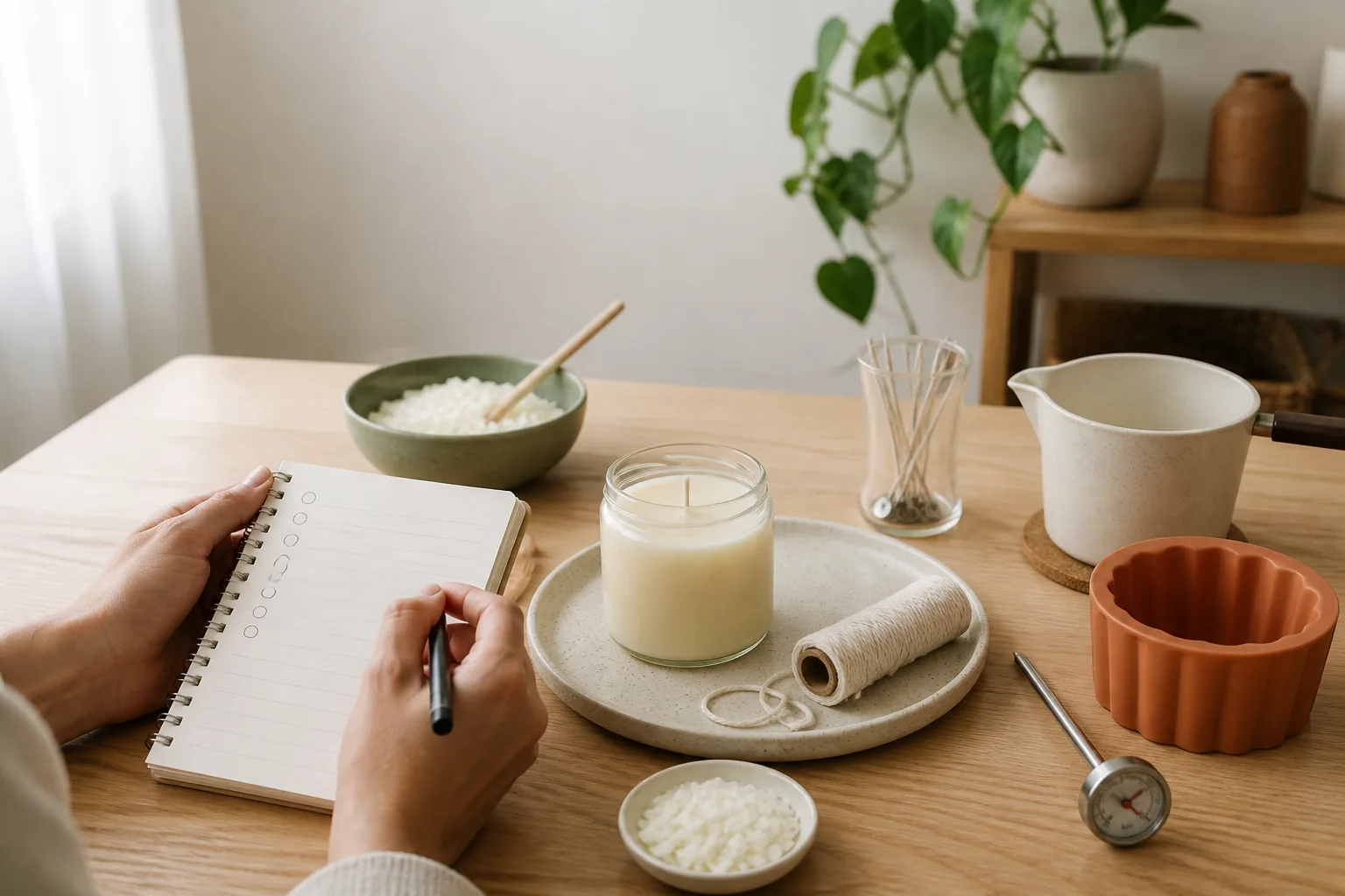 Velas artesanales como negocio creativo opiniones: mesa de trabajo con velas, cera, mechas y lista de evaluación