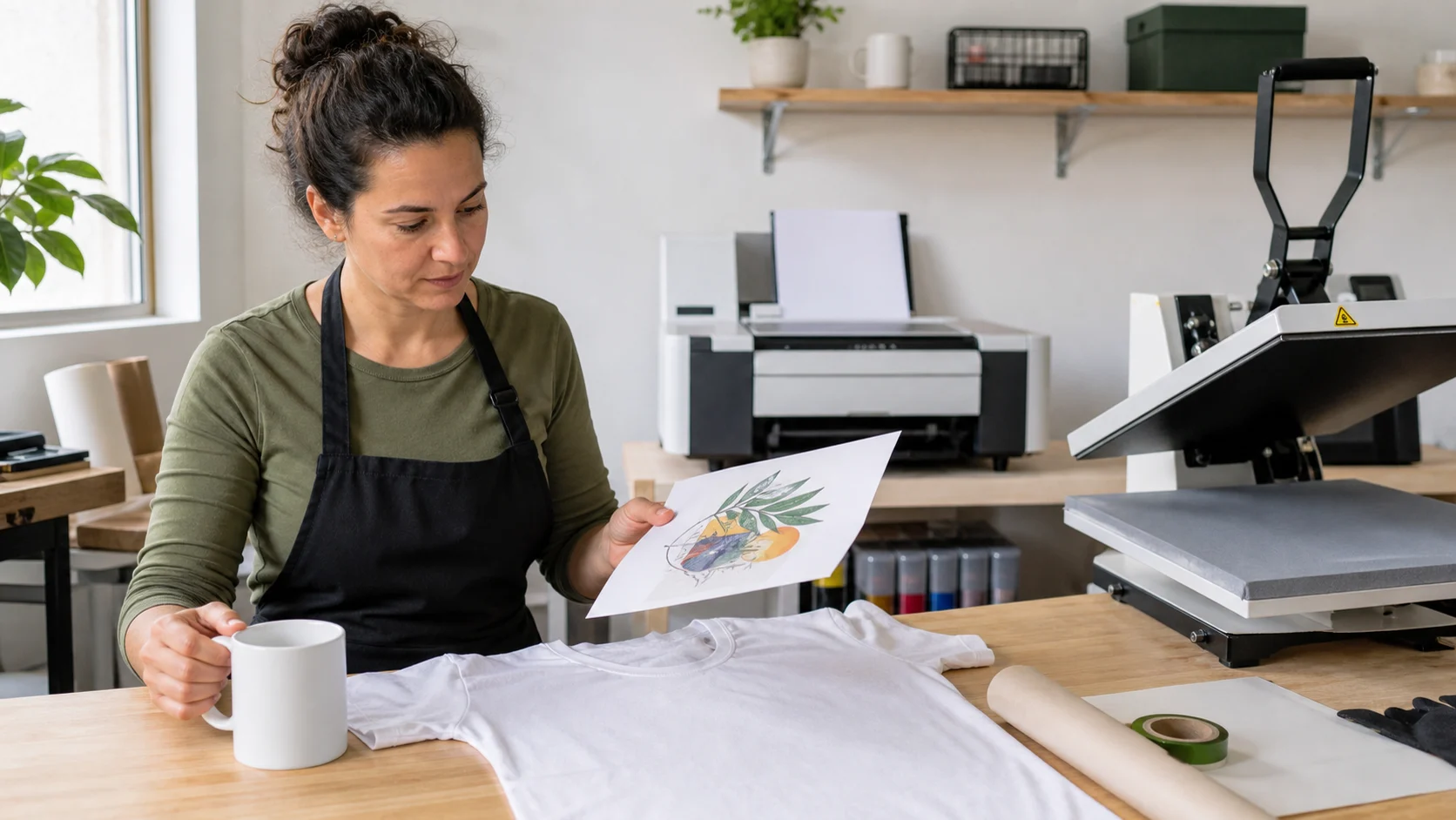 Emprendedora preparando una taza, una camiseta blanca, una transferencia y una prensa para una prueba de sublimación