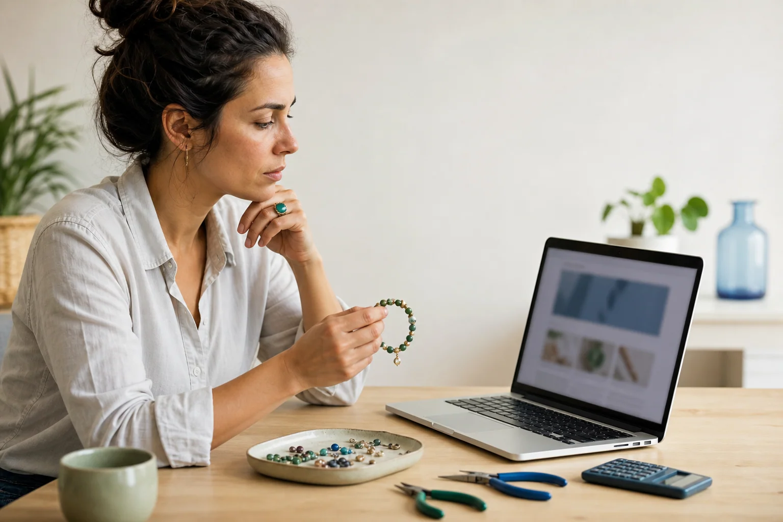 Mujer comparando una oferta de curso de bisuter?a online mientras revisa una pulsera