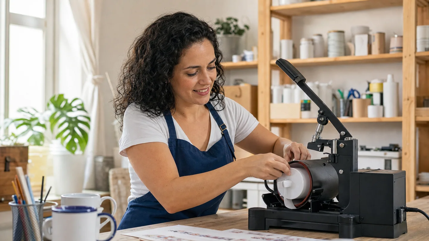 Taller de sublimación con maquinaria y productos personalizados