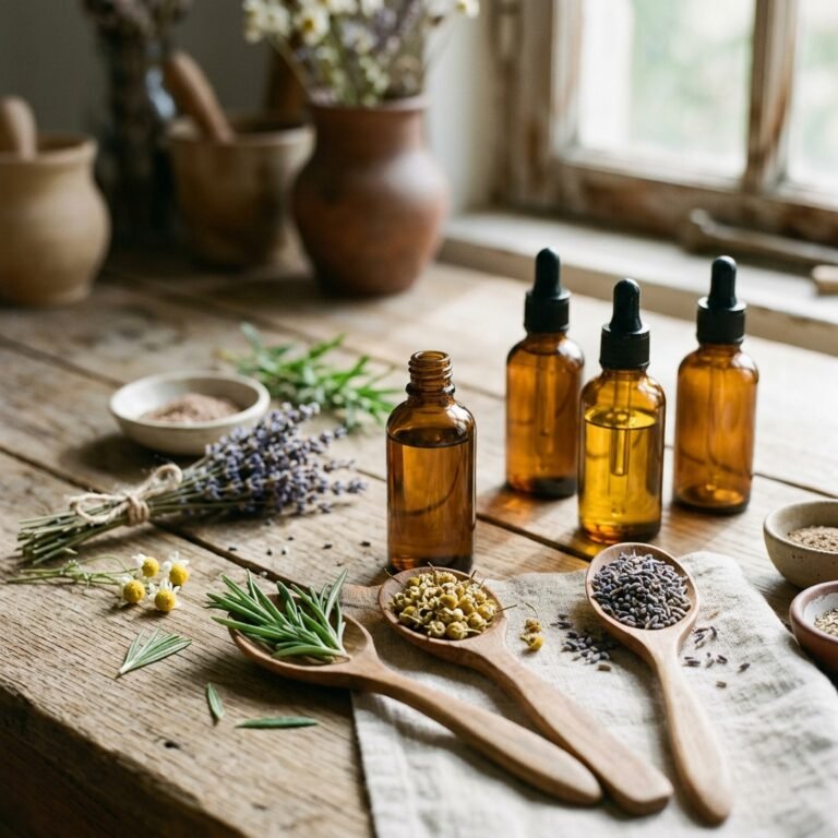Aceites, flores y plantas usados para presentar la guía de cosmética natural