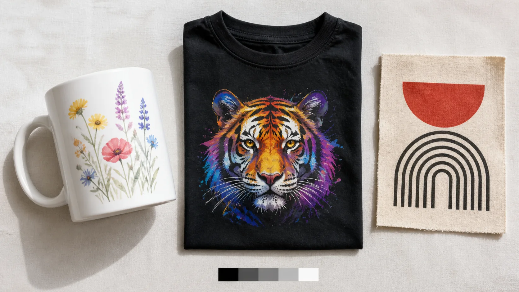 Curso de imágenes con IA para sublimación y DTF: opiniones 4 Comparación visual de una taza sublimada, una camiseta con DTF y una muestra de serigrafía
