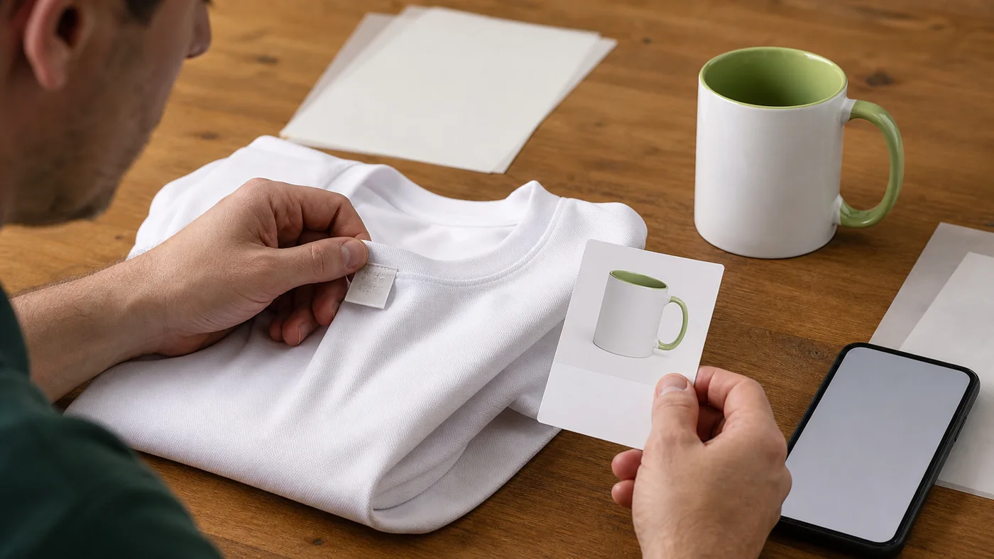 Qué se necesita para sublimar: lista completa por producto 5 Persona comprobando la composición de una camiseta y la ficha de una taza antes de comprar materiales de sublimación