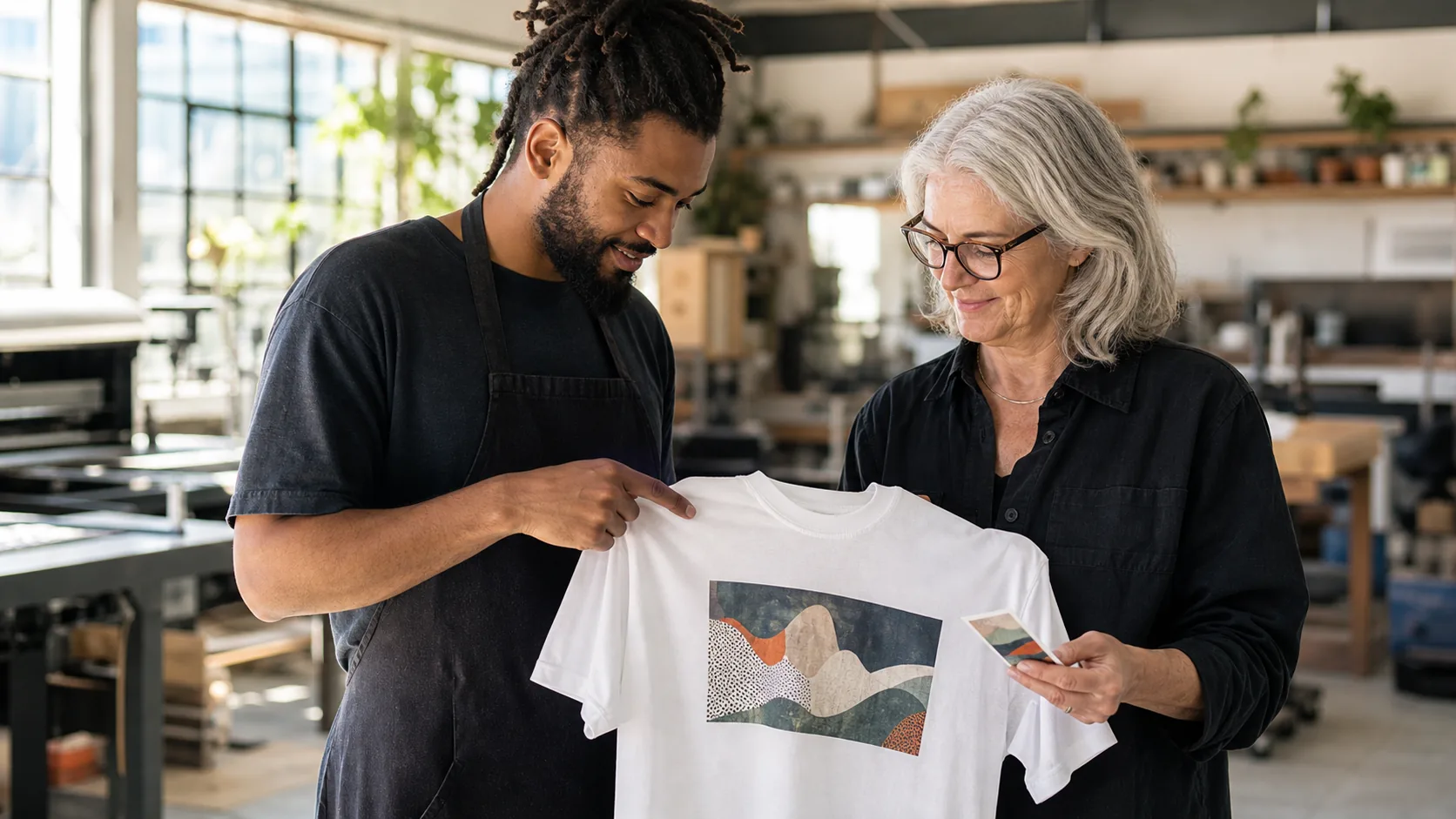 Curso de imágenes con IA para sublimación y DTF: opiniones 6 Dos profesionales revisando juntos el acabado de una camiseta estampada en un taller luminoso