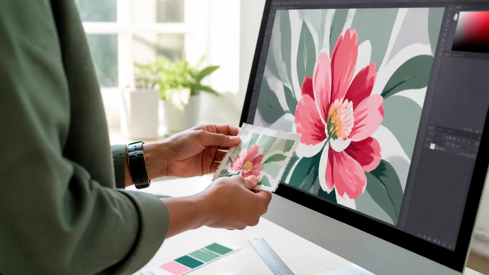 Curso de imágenes con IA para sublimación y DTF: opiniones 3 Imágenes para sublimación con IA: manos comparando una prueba textil con el diseño ampliado en pantalla