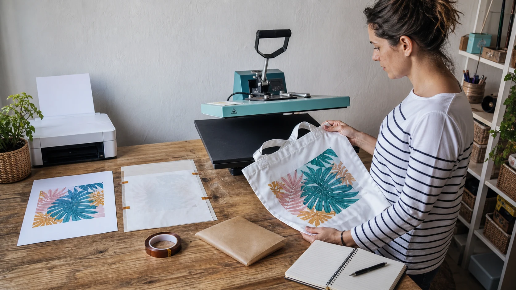 Qué se necesita para sublimar: lista completa por producto 4 Emprendedora comprobando una bolsa de poliéster recién sublimada junto a la transferencia, la prensa y su hoja de prueba