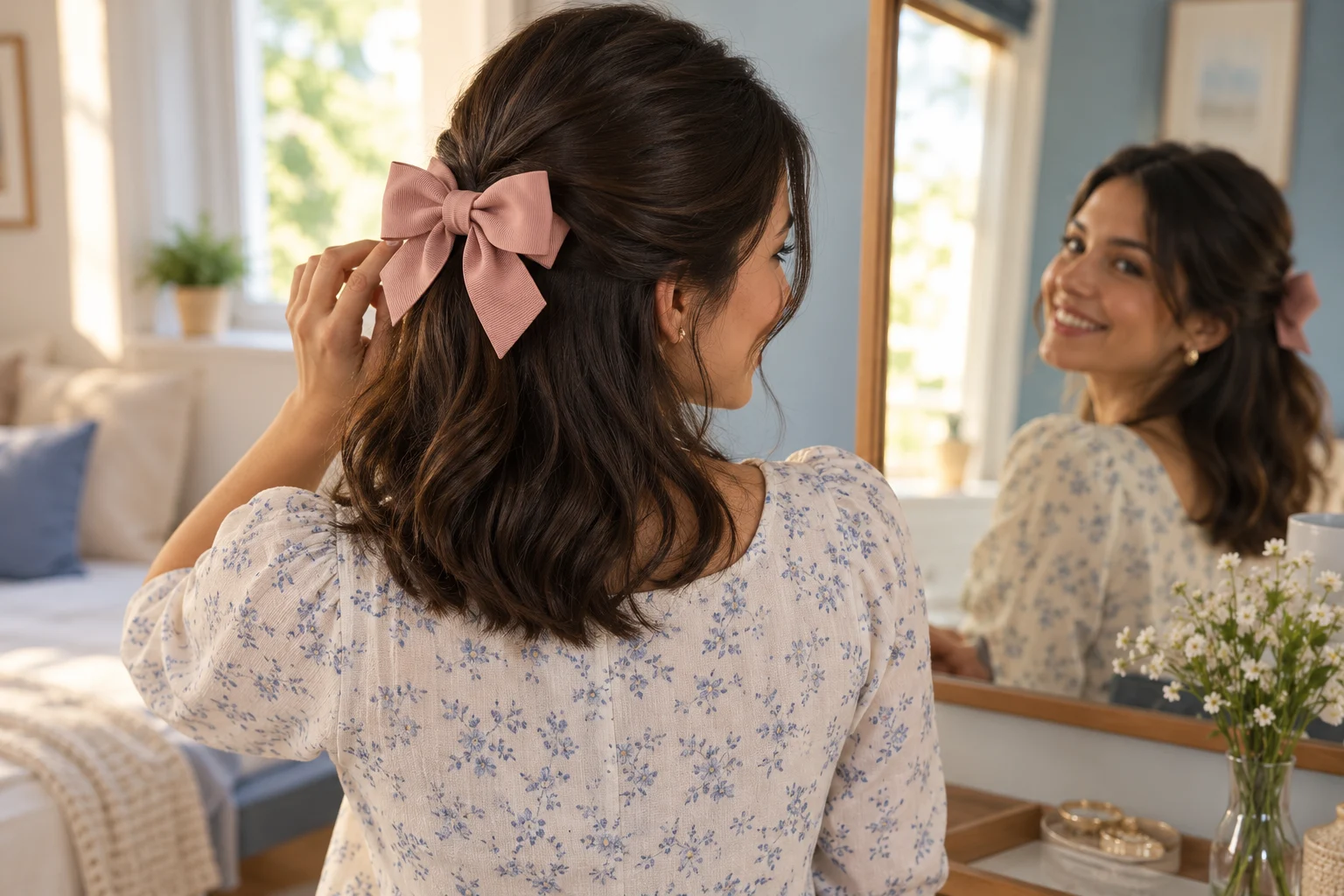 Mujer con un lazo de cinta rosa en el pelo, sonriendo ante el espejo