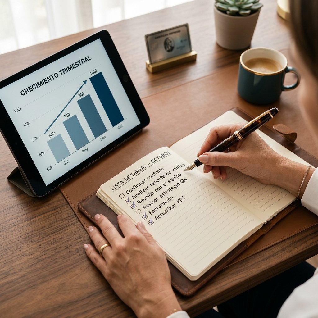 Master en Cursos Online opiniones: analisis honesto 5 Persona revisando una checklist de viabilidad en una tablet junto a una tarjeta de crédito