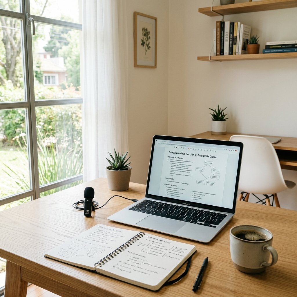 Master en Cursos Online opiniones: analisis honesto 3 Escritorio ordenado con un portátil, micrófono de solapa y apuntes para estructurar un curso online